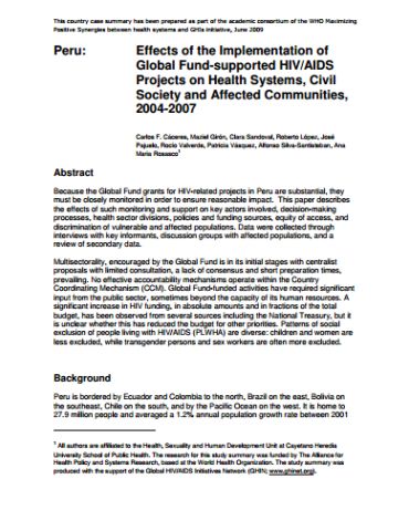 Effects of the Implementation of Global Fund-supported HIV/AIDS Projects on Health Systems, Civil Society and Affected Communities, 2004-2007